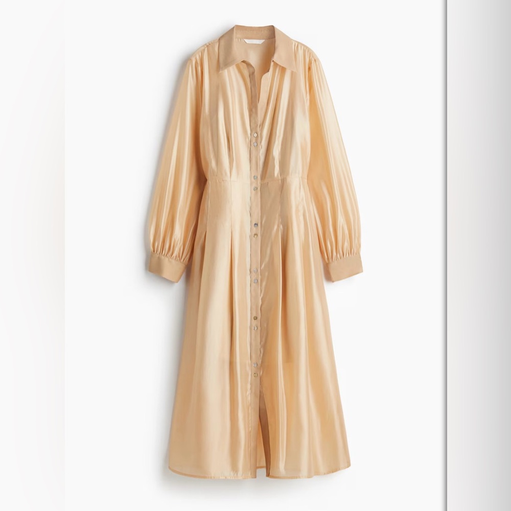 H&M Beige Long Sleeve Button-Down Shirt Dress With Tapered Waist